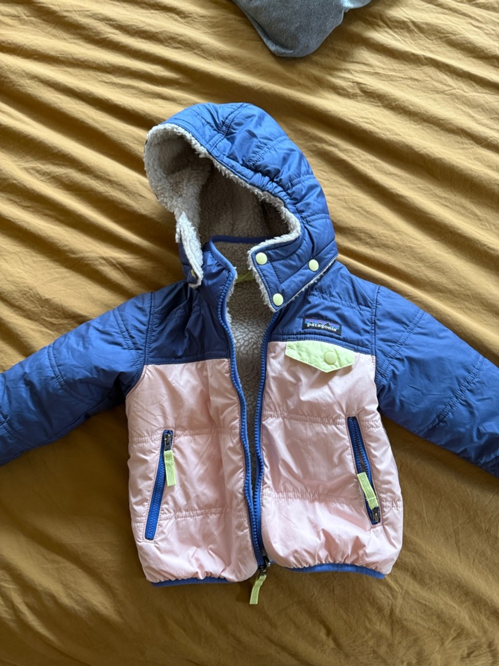 Patagonia Kids Hooded Puffer Jacket in Blue and Pink 2T